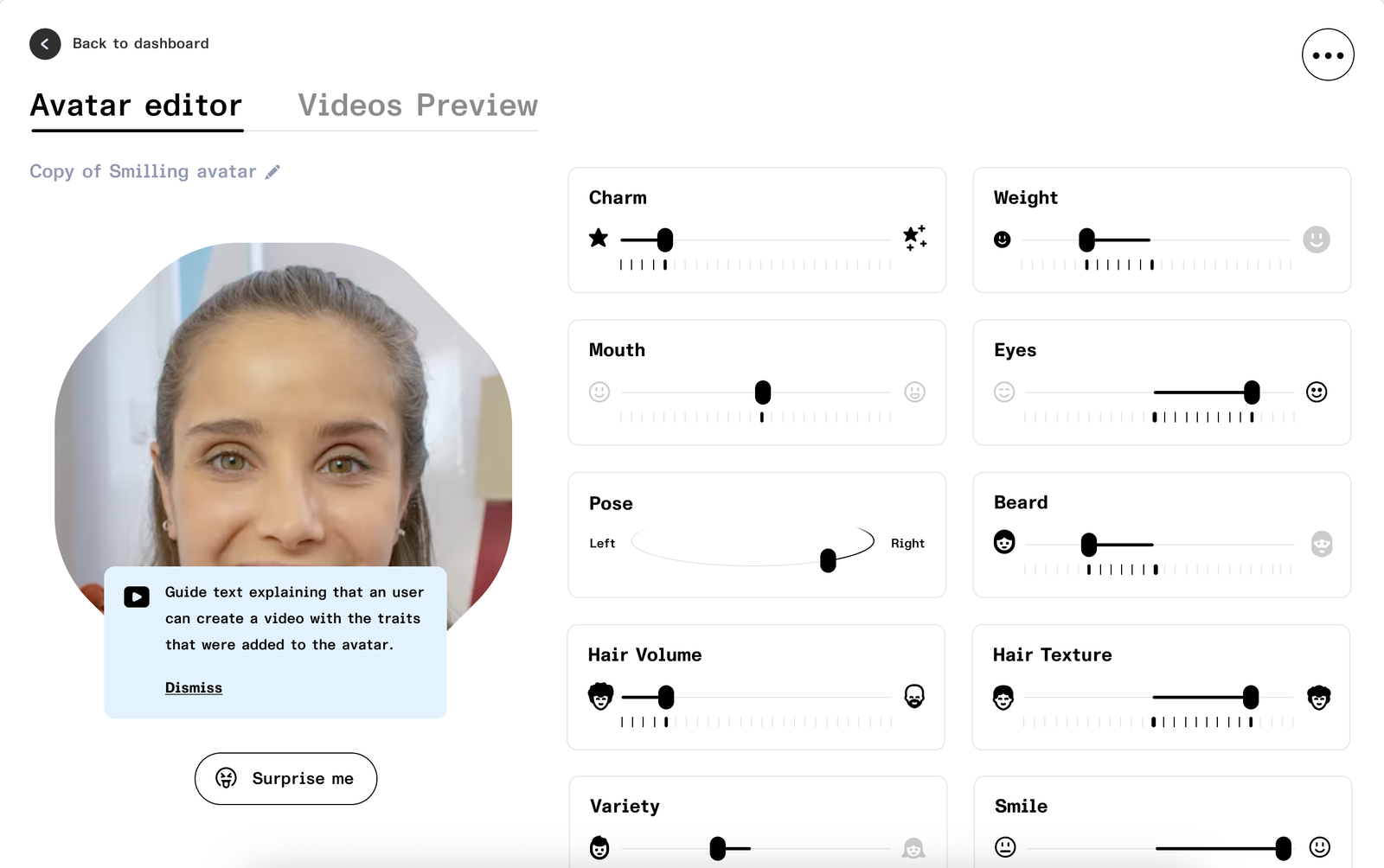 Avatar editor — trait sliders for charm, mouth, eyes, pose, hair, and more