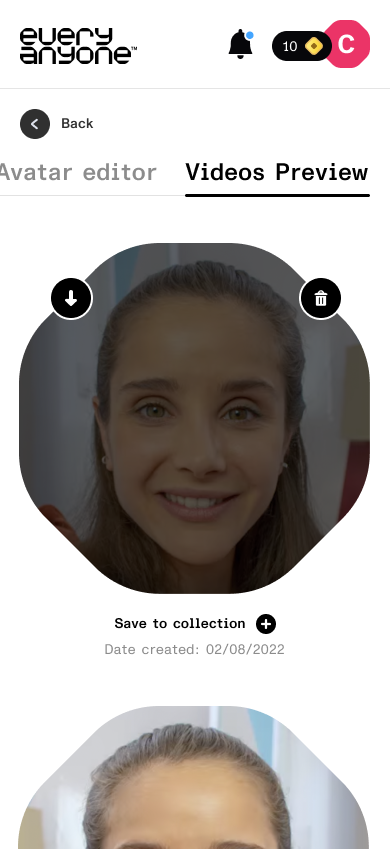Mobile videos preview — generated avatar clips saved to a collection