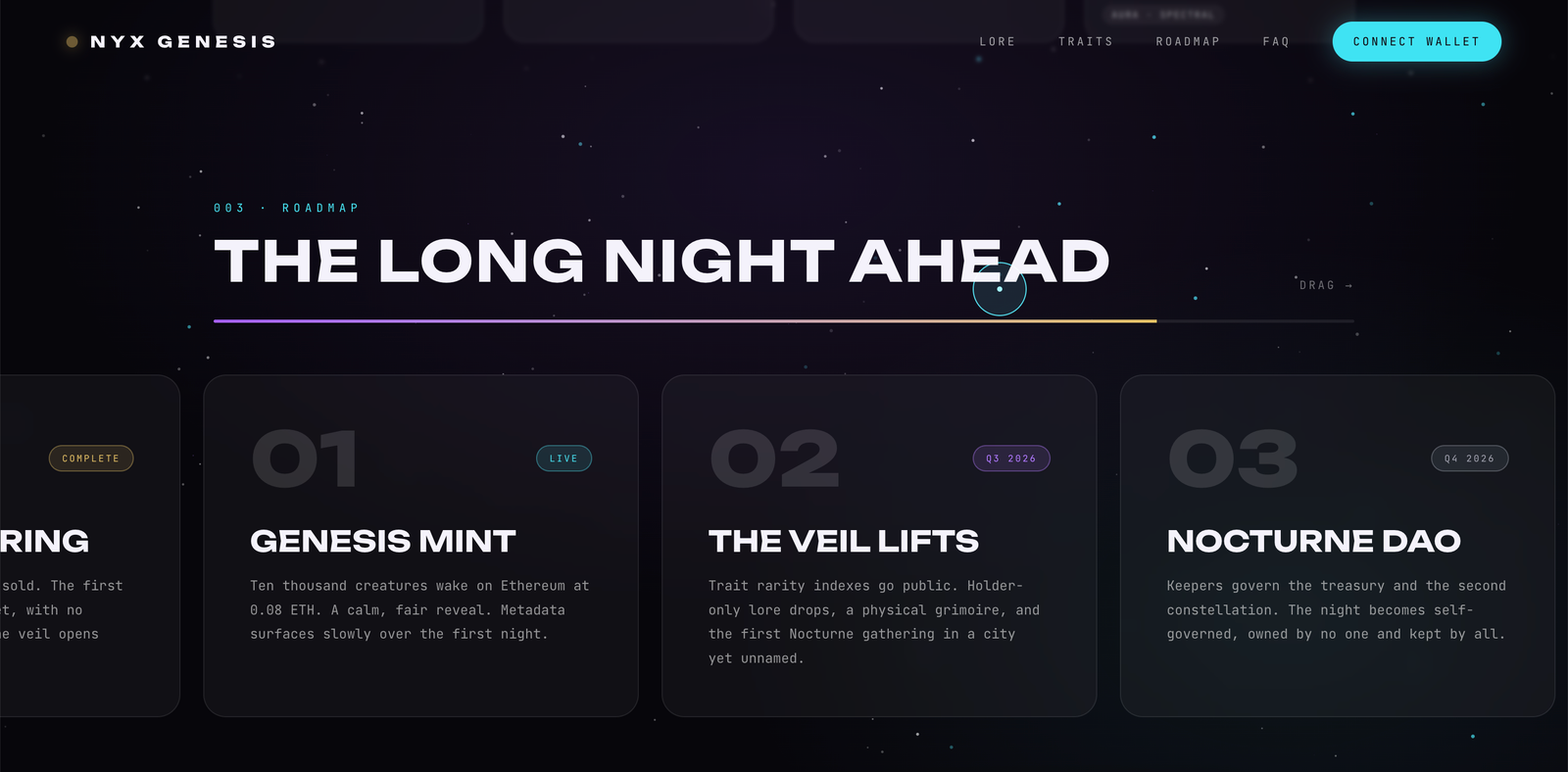 The long night ahead — a draggable roadmap of mint, lore, and DAO phases
