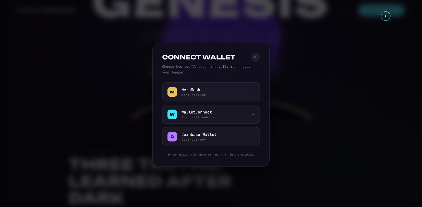 Connect wallet modal — MetaMask, WalletConnect, and Coinbase Wallet