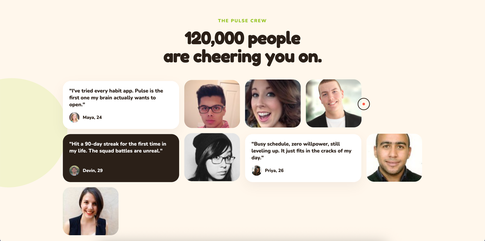 The Pulse crew — testimonials from 120,000 habit heroes