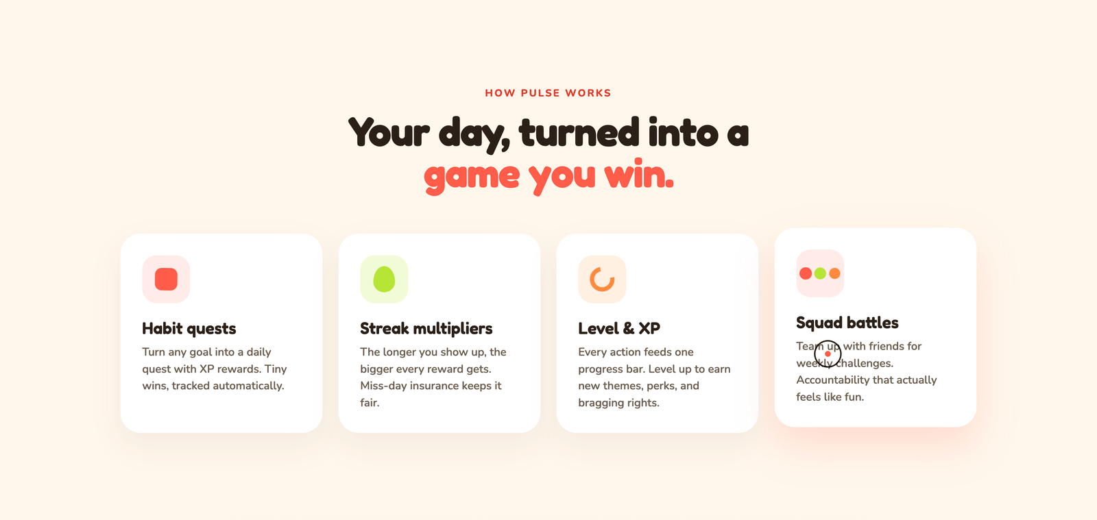 How Pulse works — habit quests, streak multipliers, XP, and squad battles