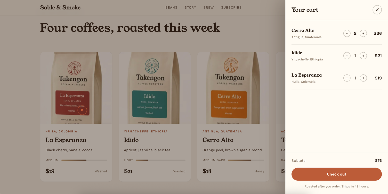 Cart slide-out — roasted after you order, ships in 48 hours